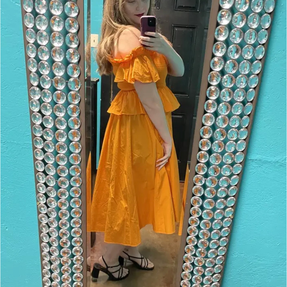 Toccin Orange Midi Dress SMALL Smocked Cottage Ruffle Cotton Designer $500 - Picture 6 of 11